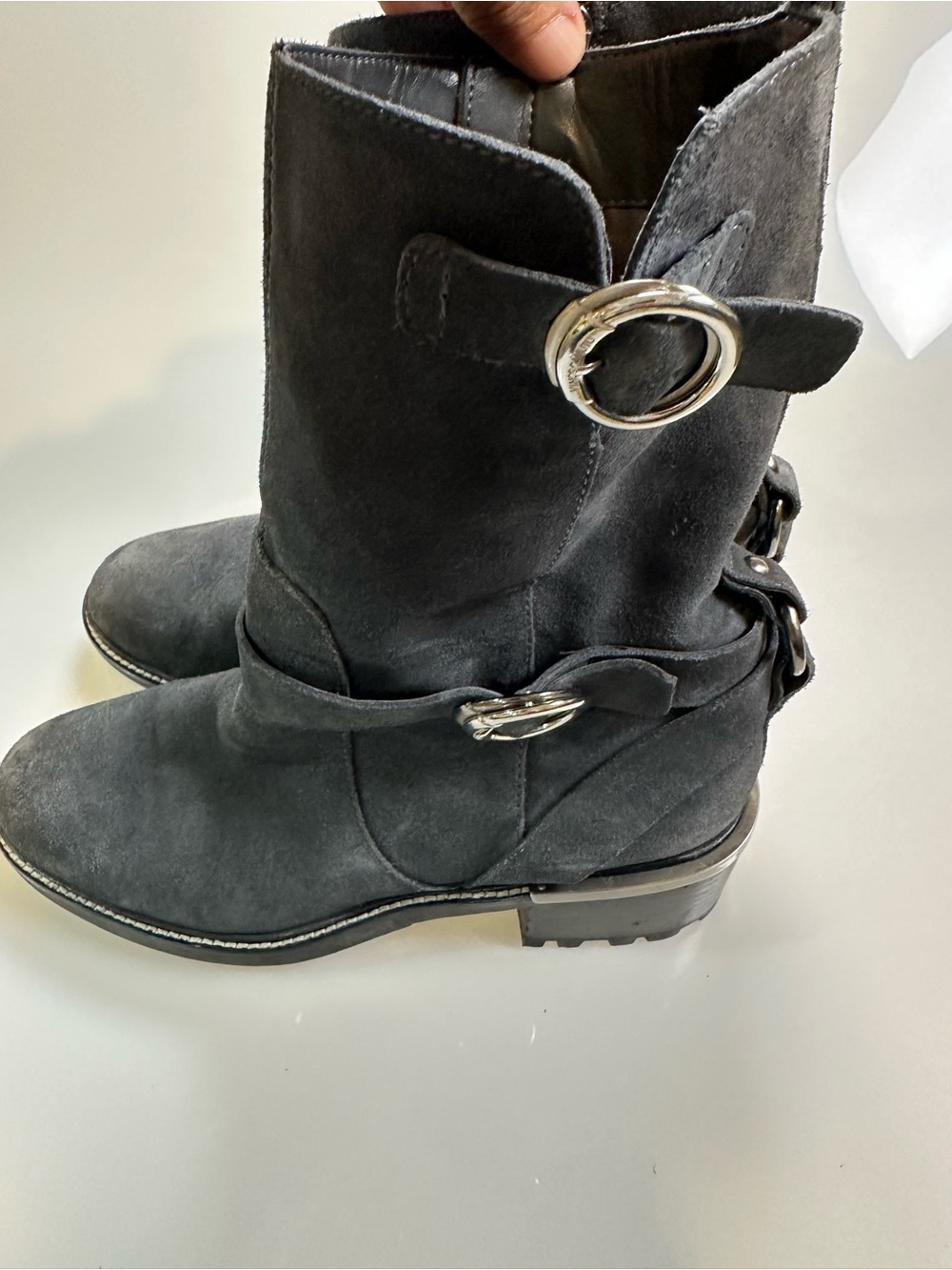 Vince Camuto Black Suede Harness Combat Boots with Silver Buckles size 8.5